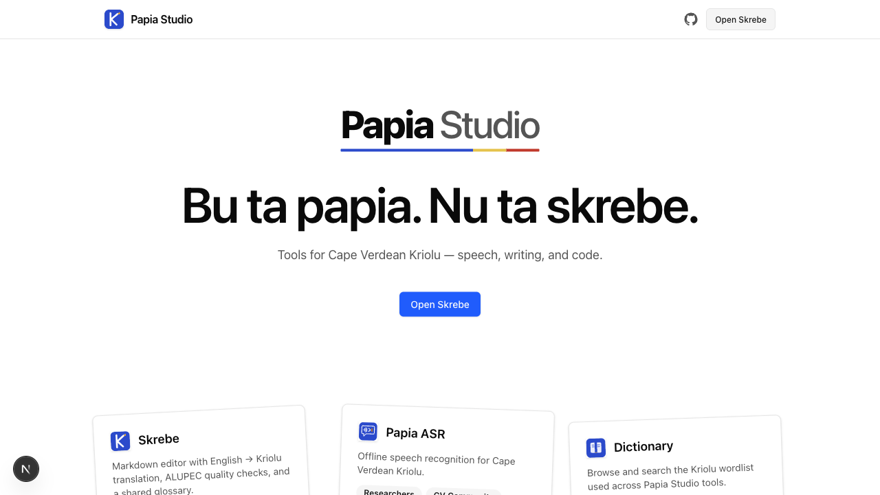 Papia Studio marketing home — Hero copy with the Try Skrebe CTA.